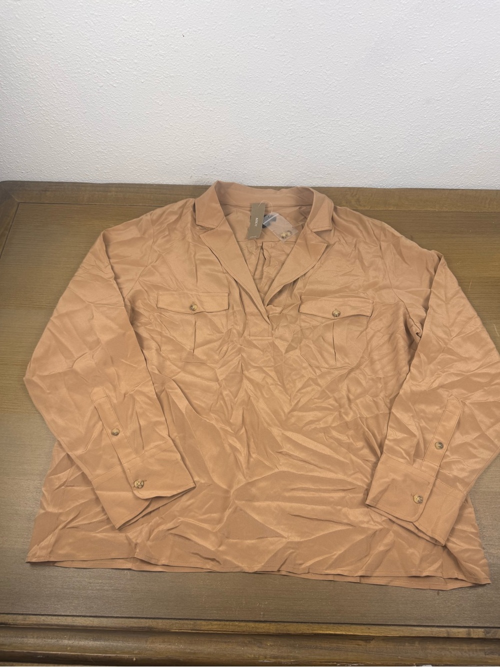 NWT J Crew Size XL Tan Camel 100% Silk Patch Pocket Popover Top BB250